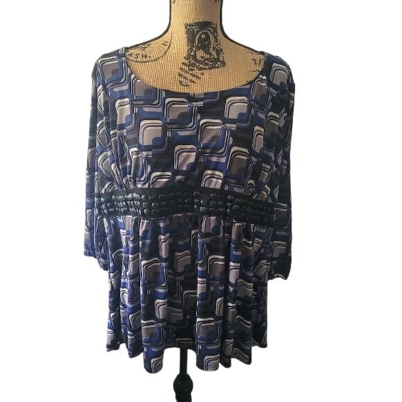 26/28 Venezia blue black gray beaded geometric print half sleeve stretchy blouse - Picture 1 of 4